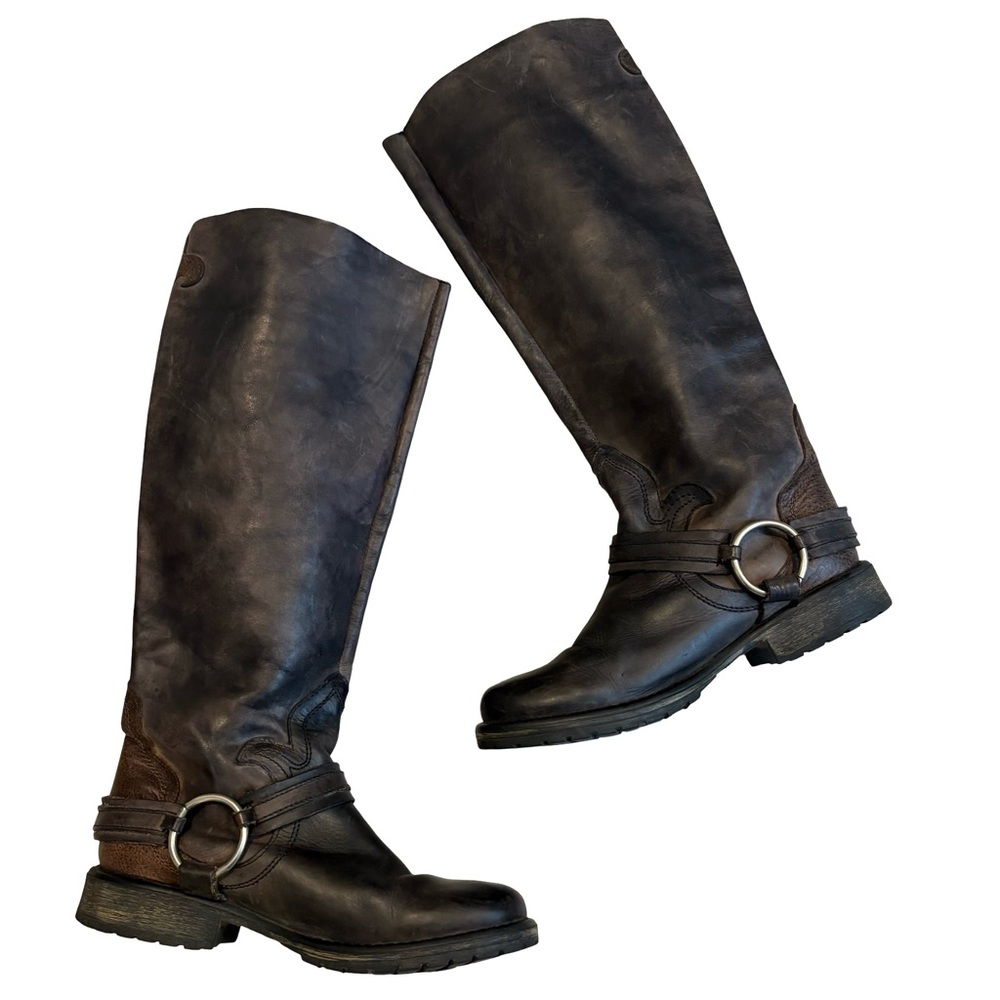 Steve Madden Judgemnt Distressed Black Leather Fleur-De-Lis Riding Boots, Sz 10 - Picture 3 of 16